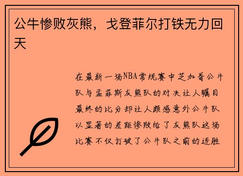 公牛惨败灰熊，戈登菲尔打铁无力回天