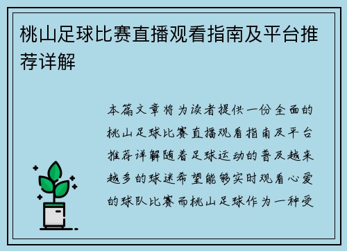 桃山足球比赛直播观看指南及平台推荐详解